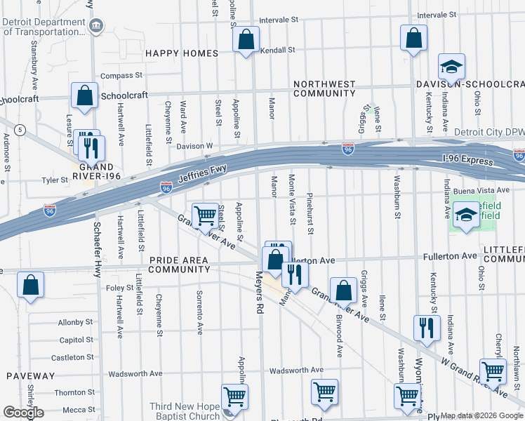 map of restaurants, bars, coffee shops, grocery stores, and more near 12739 Manor in Detroit