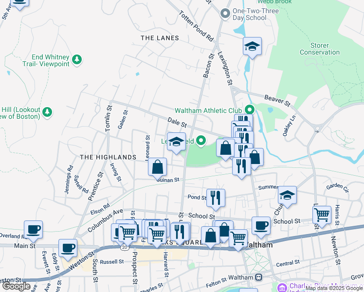 map of restaurants, bars, coffee shops, grocery stores, and more near 17 Hazel Street in Waltham