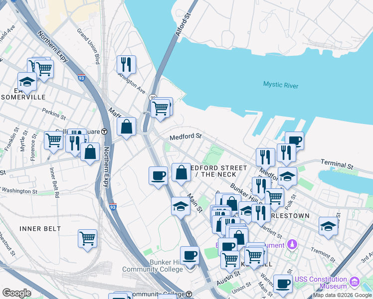 map of restaurants, bars, coffee shops, grocery stores, and more near 73 Baldwin Street in Boston