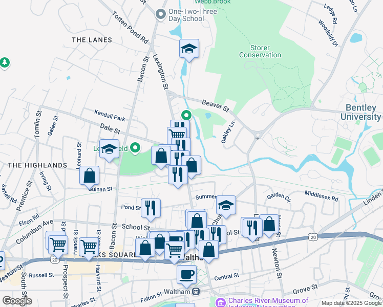 map of restaurants, bars, coffee shops, grocery stores, and more near 175 Lexington Street in Waltham