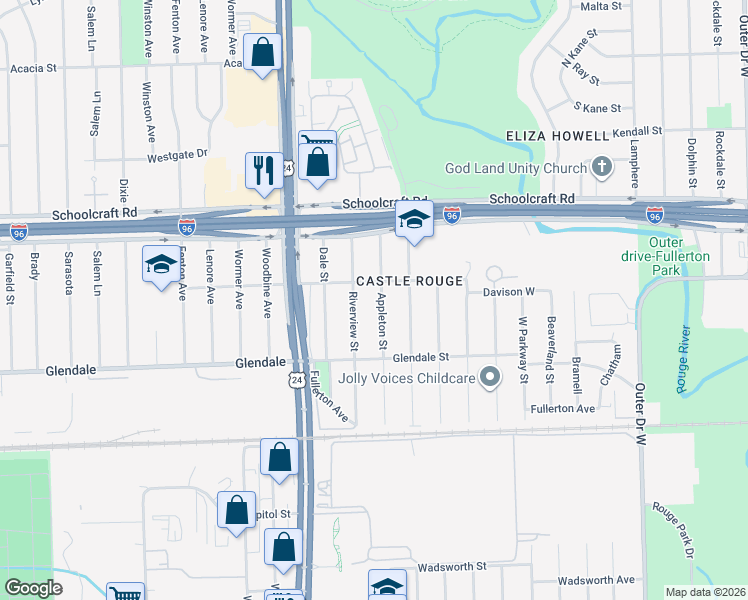 map of restaurants, bars, coffee shops, grocery stores, and more near 12899 Appleton Street in Detroit