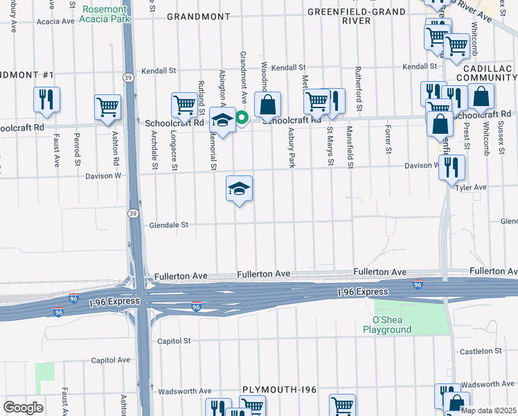 map of restaurants, bars, coffee shops, grocery stores, and more near 12810 Grandmont Road in Detroit