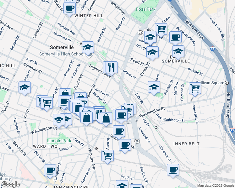 map of restaurants, bars, coffee shops, grocery stores, and more near 53 Boston Street in Somerville