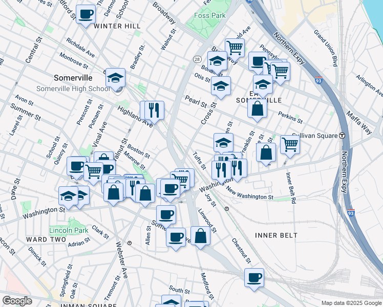 map of restaurants, bars, coffee shops, grocery stores, and more near 60 Tufts Street in Somerville