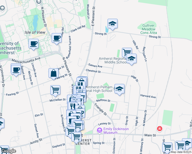map of restaurants, bars, coffee shops, grocery stores, and more near 77 Cottage Street in Amherst