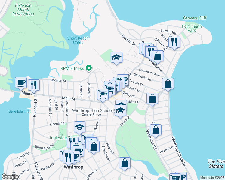 map of restaurants, bars, coffee shops, grocery stores, and more near 65 Revere Street in Winthrop
