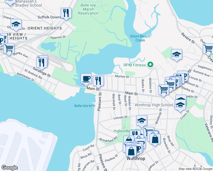 map of restaurants, bars, coffee shops, grocery stores, and more near 90 Main Street in Winthrop