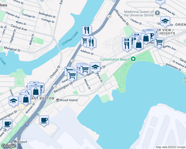 map of restaurants, bars, coffee shops, grocery stores, and more near 55 Moore Street in Boston