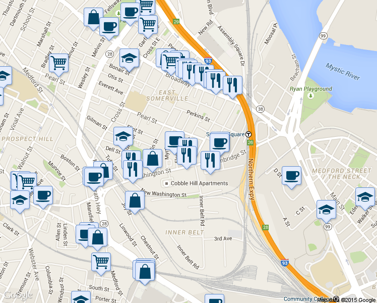 map of restaurants, bars, coffee shops, grocery stores, and more near 89 Mount Vernon Street in Somerville