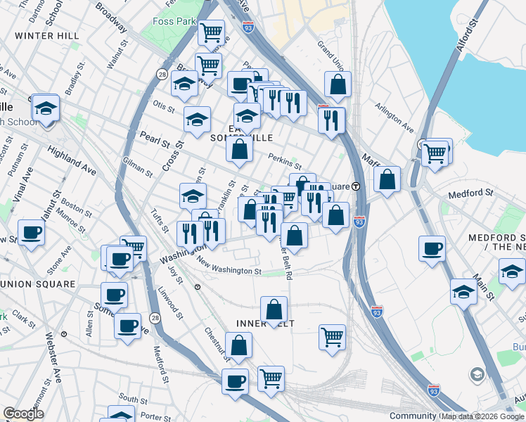 map of restaurants, bars, coffee shops, grocery stores, and more near 89 Mount Vernon Street in Somerville