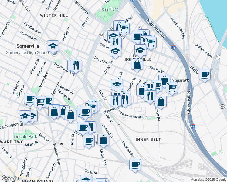 map of restaurants, bars, coffee shops, grocery stores, and more near 159 Glen Street in Somerville