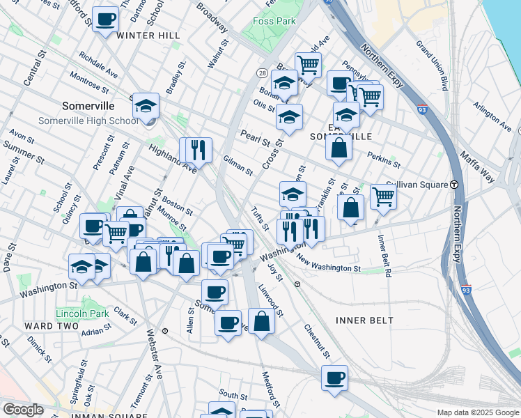 map of restaurants, bars, coffee shops, grocery stores, and more near 60 Tufts Street in Somerville