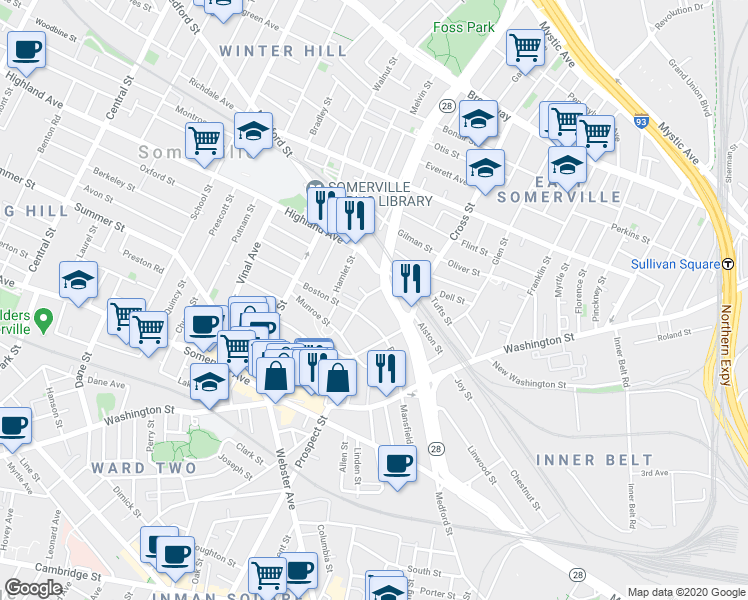 map of restaurants, bars, coffee shops, grocery stores, and more near 53 Boston Street in Somerville