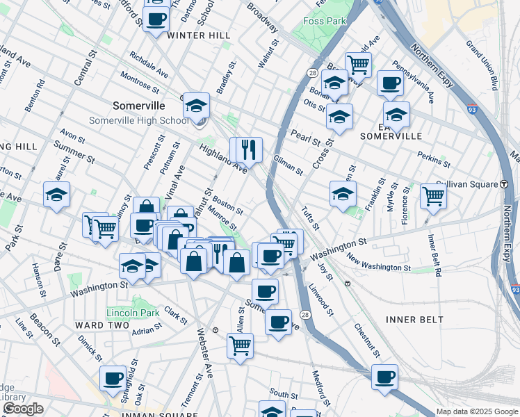 map of restaurants, bars, coffee shops, grocery stores, and more near 53 Boston Street in Somerville