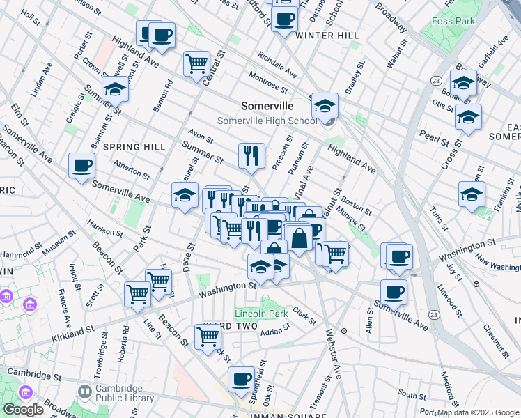 map of restaurants, bars, coffee shops, grocery stores, and more near 56 Church Street in Somerville