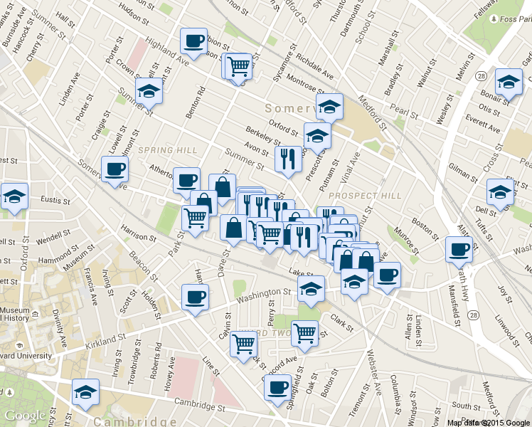 map of restaurants, bars, coffee shops, grocery stores, and more near in Somerville