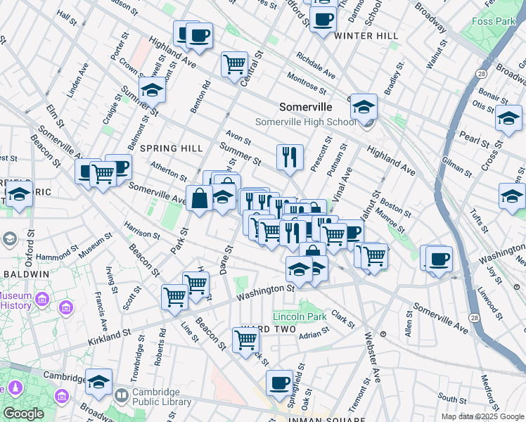 map of restaurants, bars, coffee shops, grocery stores, and more near in Somerville