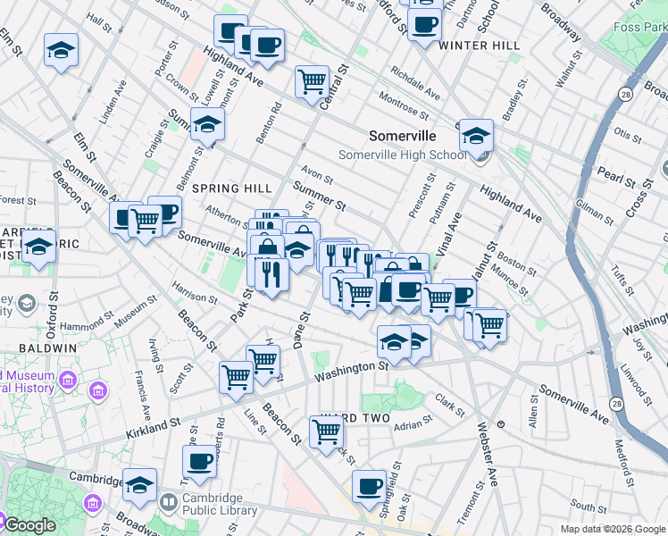 map of restaurants, bars, coffee shops, grocery stores, and more near in Somerville