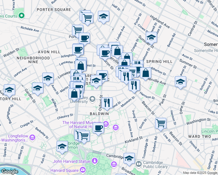map of restaurants, bars, coffee shops, grocery stores, and more near 48 Sacramento Street in Cambridge