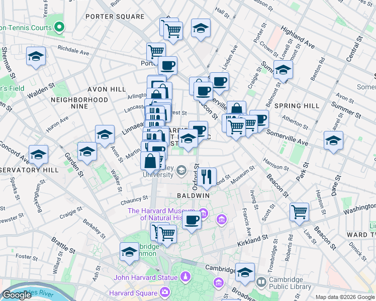 map of restaurants, bars, coffee shops, grocery stores, and more near 36 Sacramento Street in Cambridge