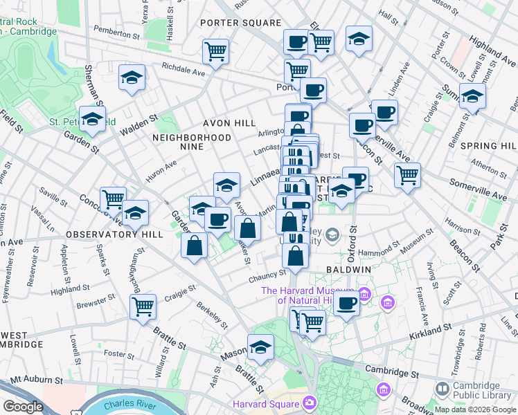 map of restaurants, bars, coffee shops, grocery stores, and more near in Cambridge