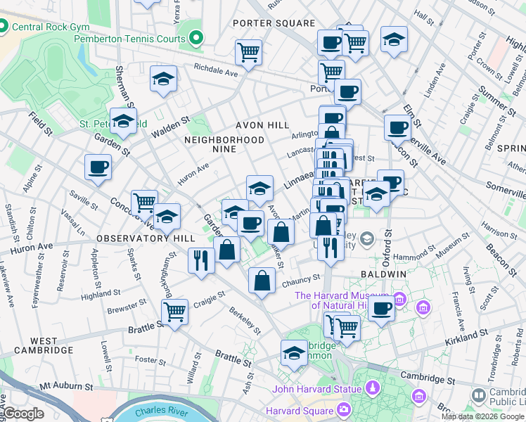 map of restaurants, bars, coffee shops, grocery stores, and more near 123 Walker Street in Cambridge