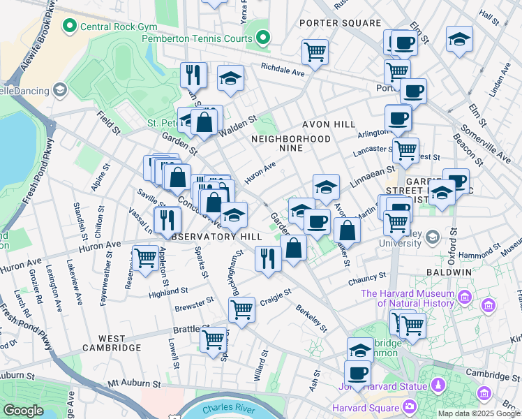 map of restaurants, bars, coffee shops, grocery stores, and more near 28 Madison Street in Cambridge