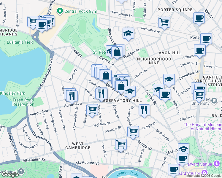 map of restaurants, bars, coffee shops, grocery stores, and more near 7 Appleton Terrace in Cambridge