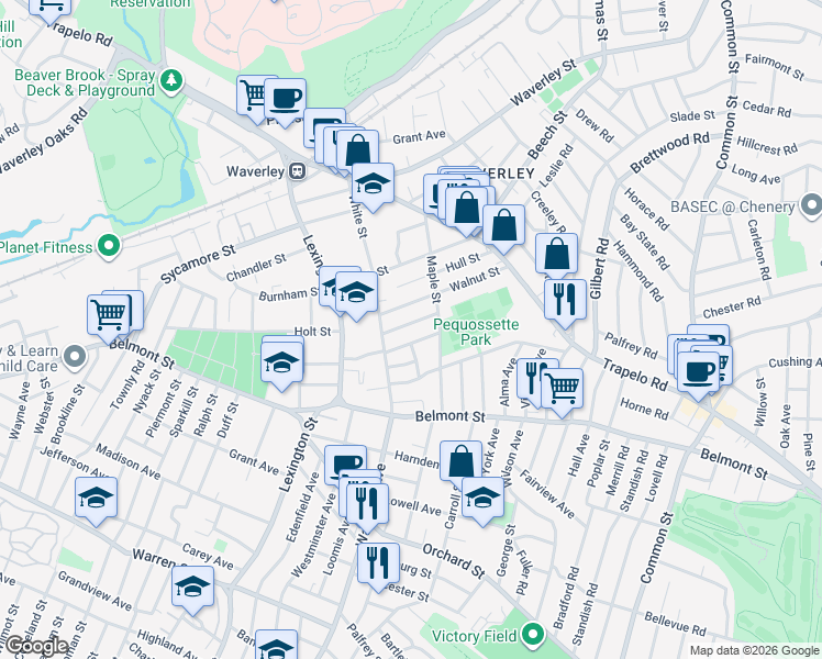 map of restaurants, bars, coffee shops, grocery stores, and more near 46 Chestnut Street in Belmont
