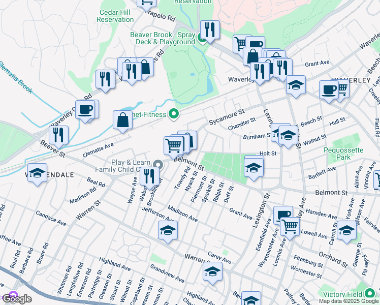 map of restaurants, bars, coffee shops, grocery stores, and more near 1072 Belmont Street in Watertown