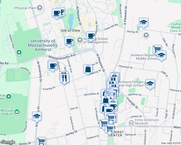 map of restaurants, bars, coffee shops, grocery stores, and more near 60 Fearing Street in Amherst