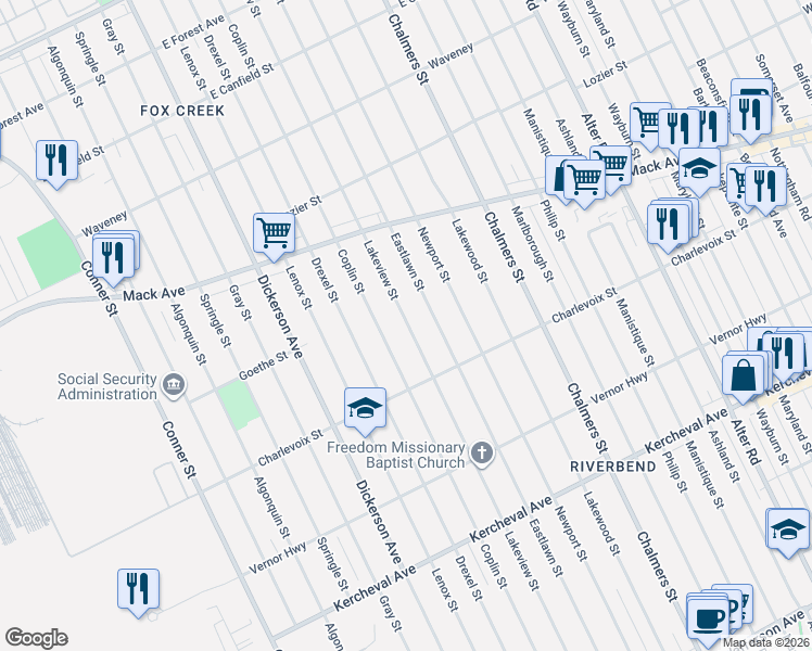 map of restaurants, bars, coffee shops, grocery stores, and more near 2999 Lakeview Street in Detroit