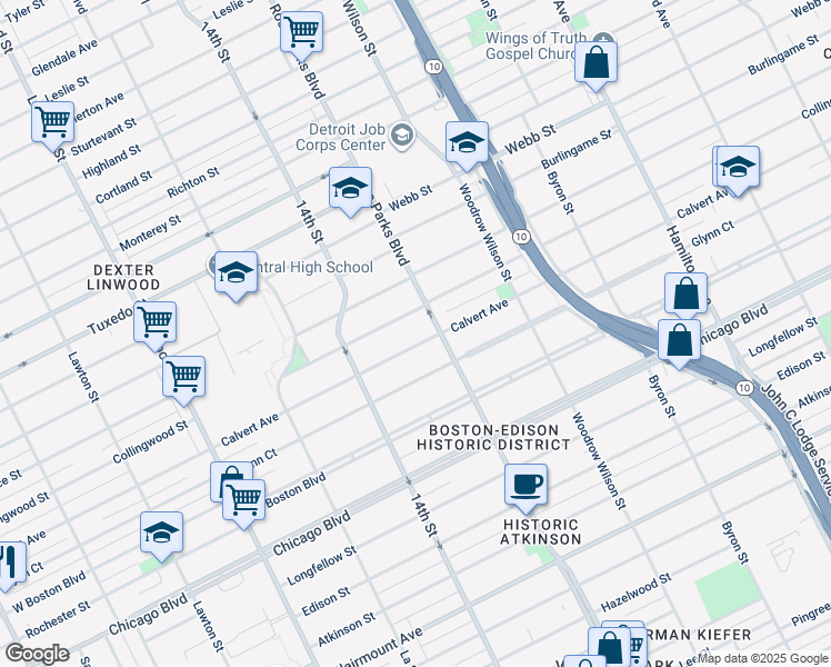 map of restaurants, bars, coffee shops, grocery stores, and more near 1931 Calvert Avenue in Detroit