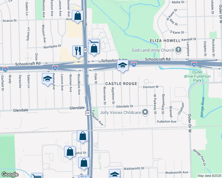map of restaurants, bars, coffee shops, grocery stores, and more near 12899 Appleton Street in Detroit