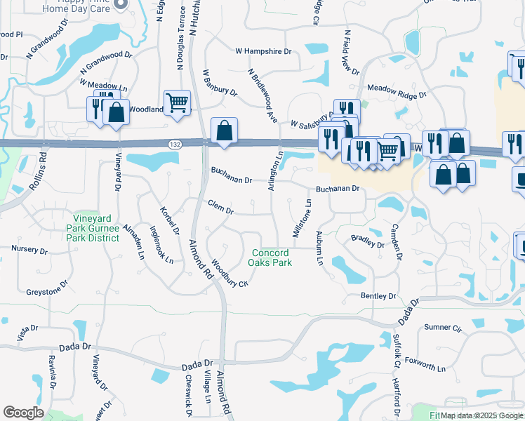 map of restaurants, bars, coffee shops, grocery stores, and more near 7279 Clem Drive in Gurnee
