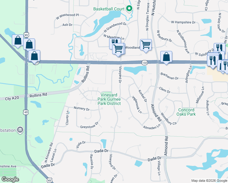 map of restaurants, bars, coffee shops, grocery stores, and more near 7689 Mendocino Drive in Gurnee