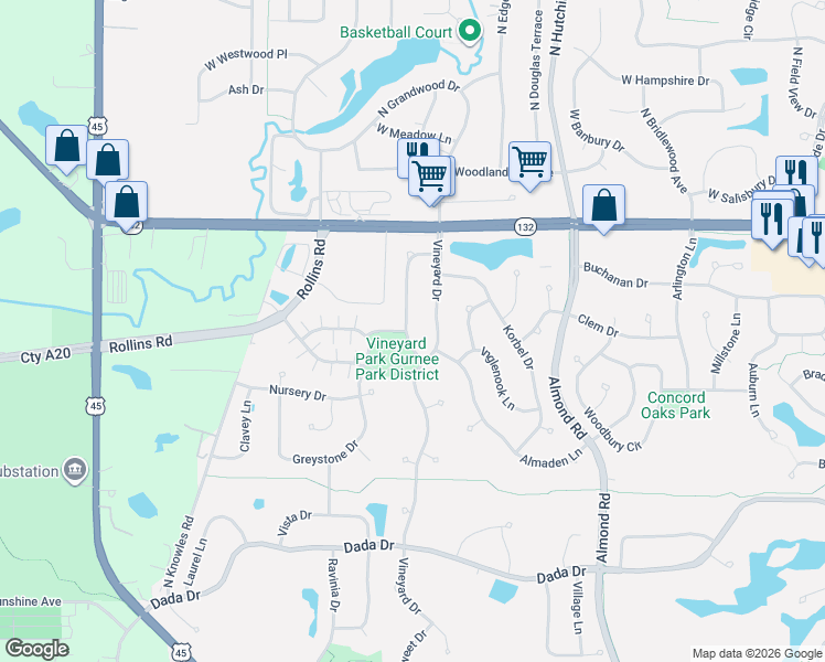map of restaurants, bars, coffee shops, grocery stores, and more near 7689 Mendocino Drive in Gurnee