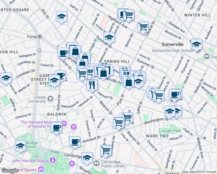 map of restaurants, bars, coffee shops, grocery stores, and more near 8 Garden Court in Somerville