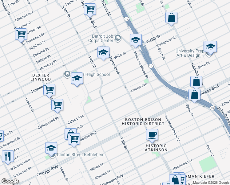 map of restaurants, bars, coffee shops, grocery stores, and more near 2012 Calvert Avenue in Detroit