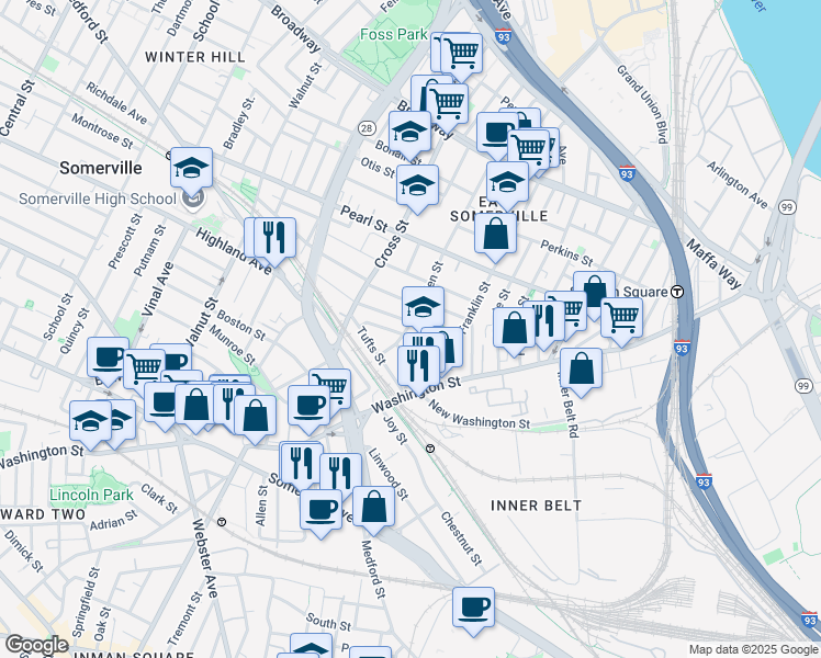 map of restaurants, bars, coffee shops, grocery stores, and more near 150 Glen Street in Somerville
