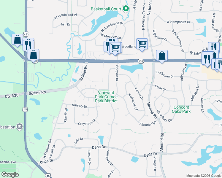 map of restaurants, bars, coffee shops, grocery stores, and more near 7689 Mendocino Drive in Gurnee