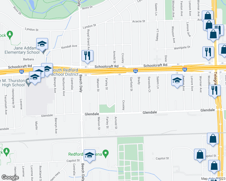 map of restaurants, bars, coffee shops, grocery stores, and more near 13479 Arnold in Redford Charter Township
