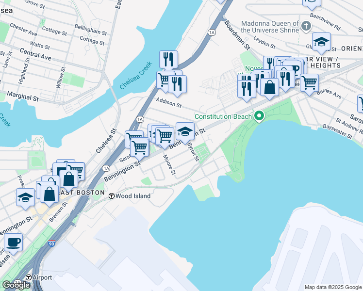 map of restaurants, bars, coffee shops, grocery stores, and more near 95 Horace Street in Boston
