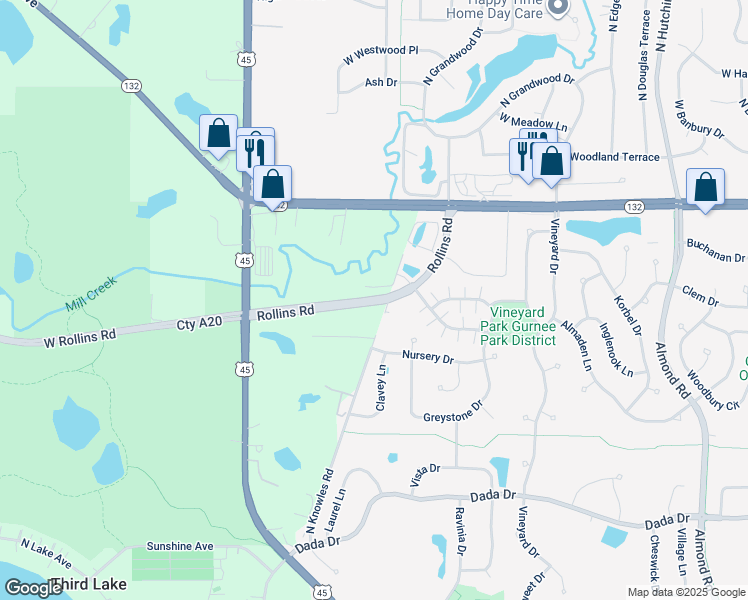 map of restaurants, bars, coffee shops, grocery stores, and more near Rollins Road in Gurnee