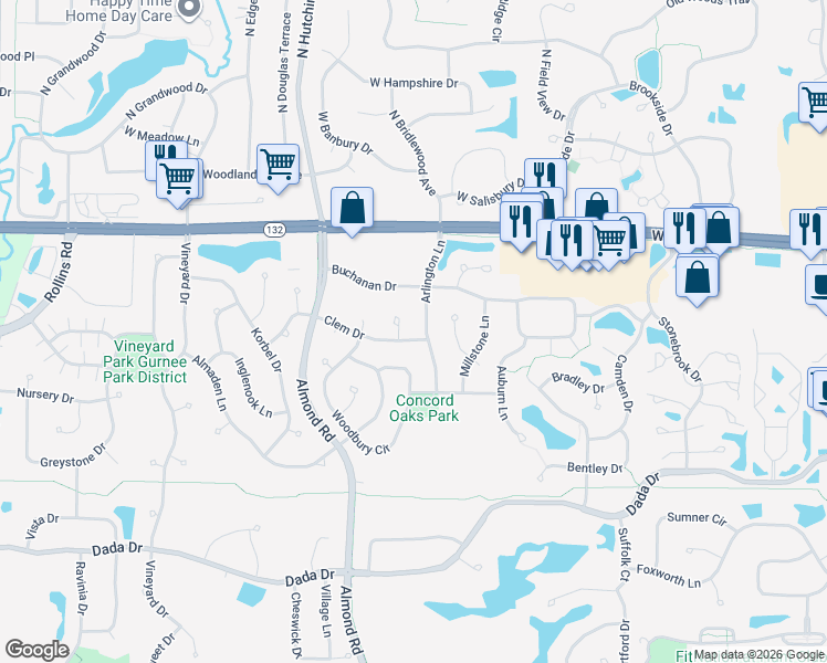 map of restaurants, bars, coffee shops, grocery stores, and more near 7279 Clem Drive in Gurnee