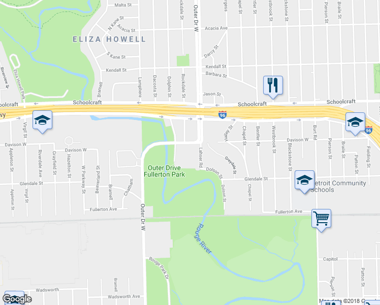 map of restaurants, bars, coffee shops, grocery stores, and more near 12621 Outer Drive West in Detroit
