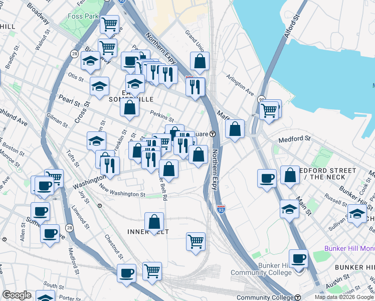 map of restaurants, bars, coffee shops, grocery stores, and more near 28 Parker Street in Boston