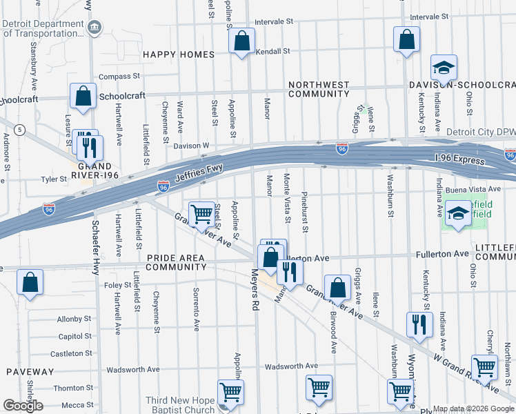 map of restaurants, bars, coffee shops, grocery stores, and more near 12739 Manor in Detroit