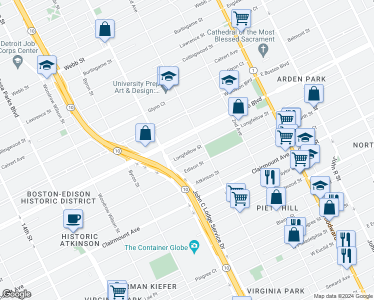 map of restaurants, bars, coffee shops, grocery stores, and more near 864 Longfellow Street in Detroit