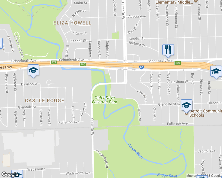 map of restaurants, bars, coffee shops, grocery stores, and more near 12840 Dolphin Street in Detroit
